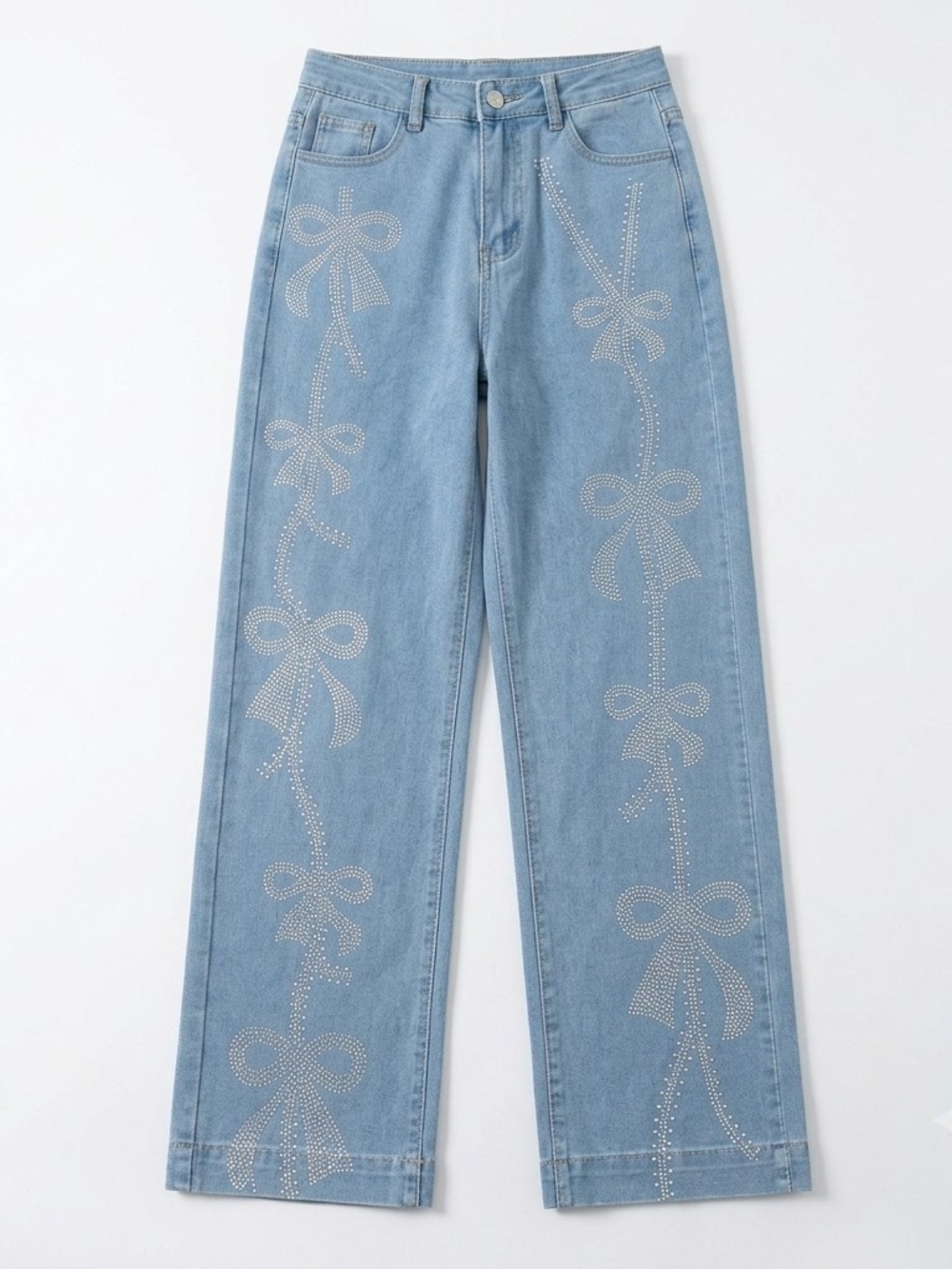 Light Blue Bow-Embellished Wide-Leg Jeans
